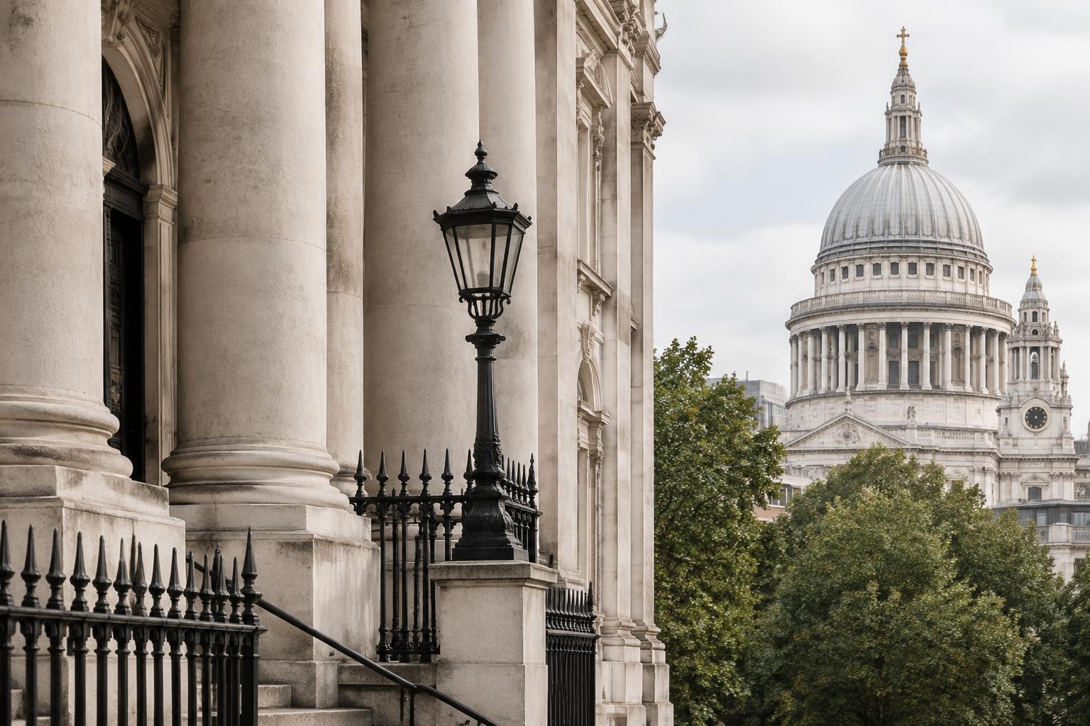 Illustrative London columns, iron railings and lantern with St Paul’s dome beyond
