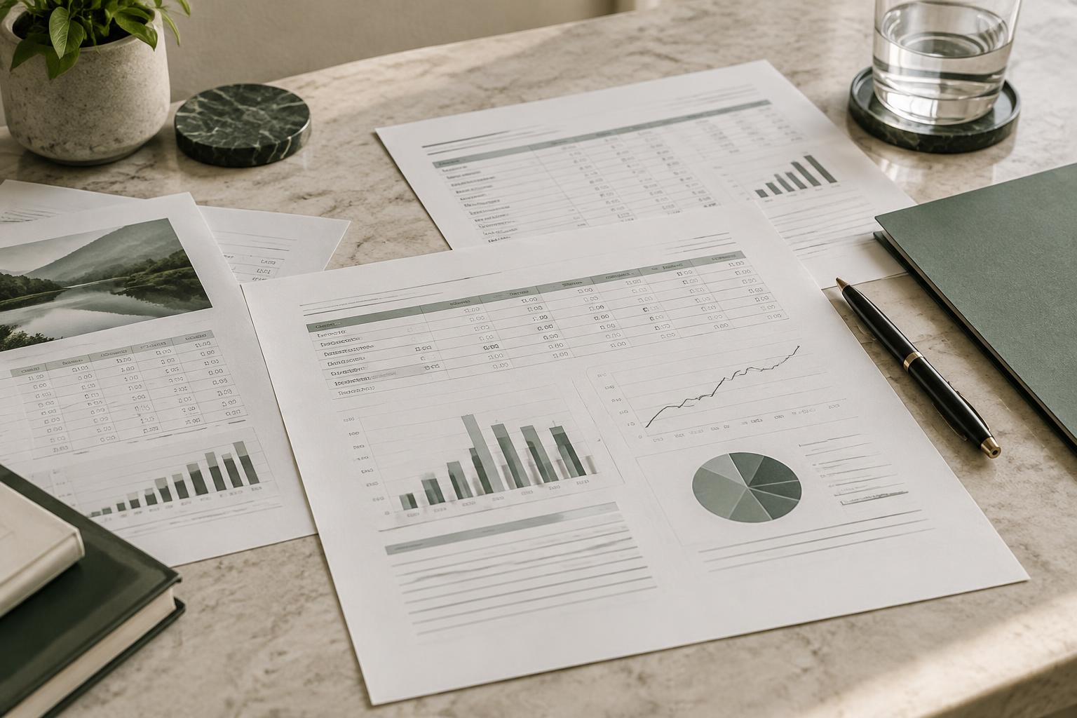 Illustrative analytical report sheets, tables and pen on a pale desk